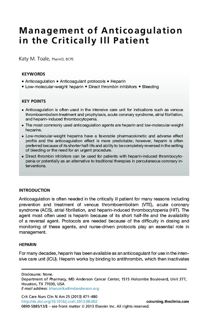 Management of Anticoagulation in the Critically Ill Patient