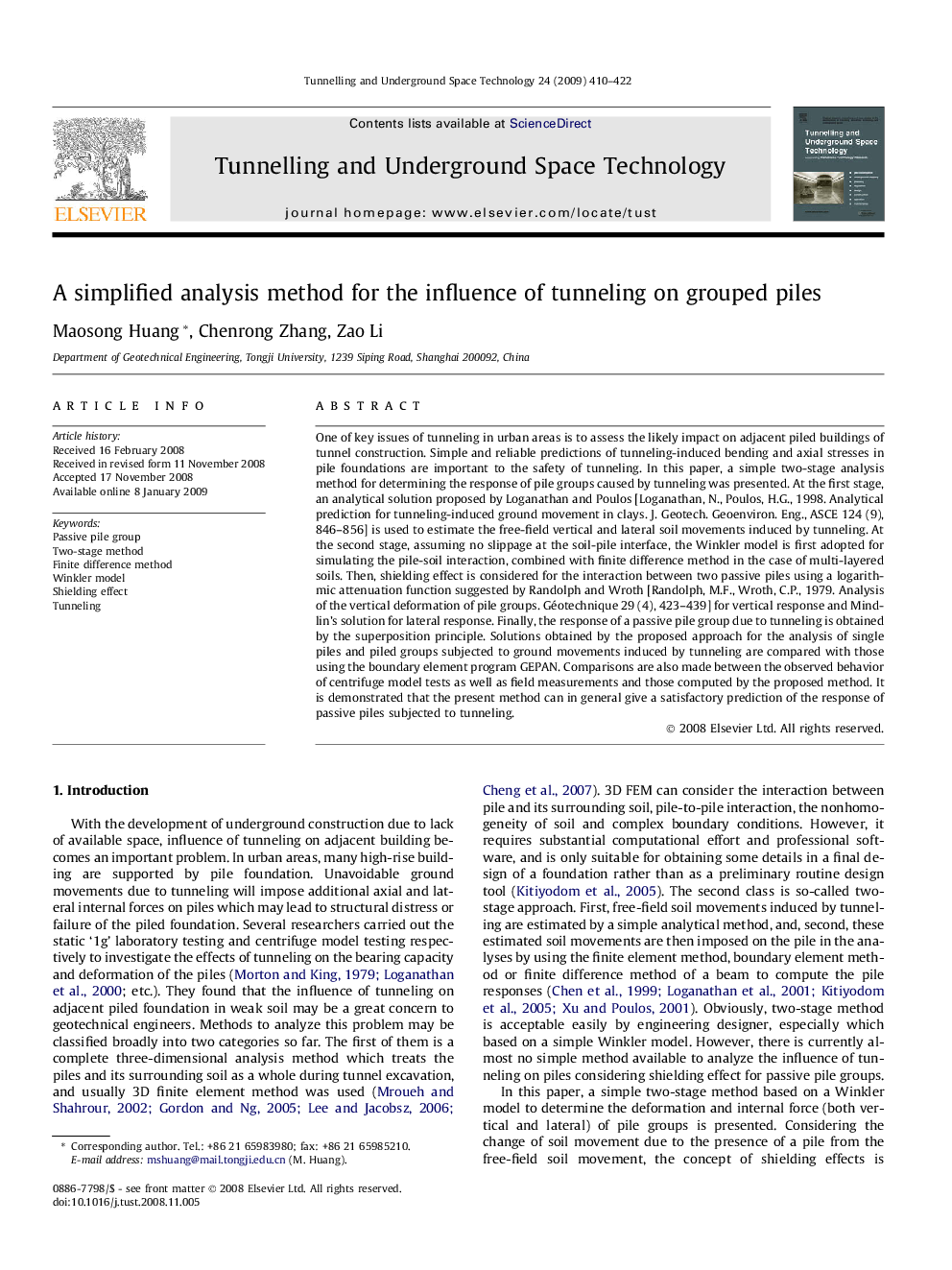 عکس صفحه اول مقاله: A simplified analysis method for the influence of tunneling on grouped piles A simplified analysis method for the influence of tunneling on grouped piles