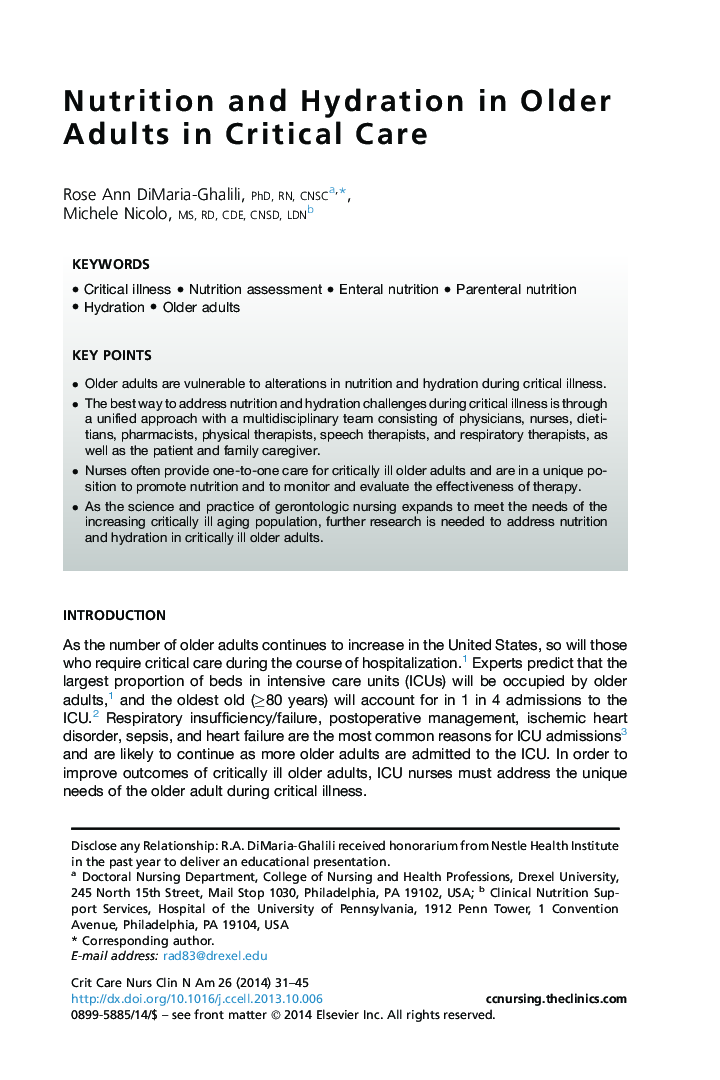 Nutrition and Hydration in Older Adults in Critical Care