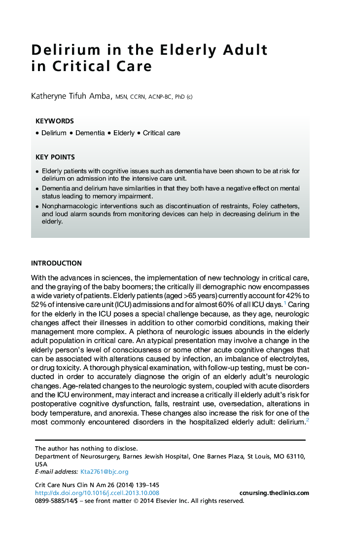 Delirium in the Elderly Adult in Critical Care