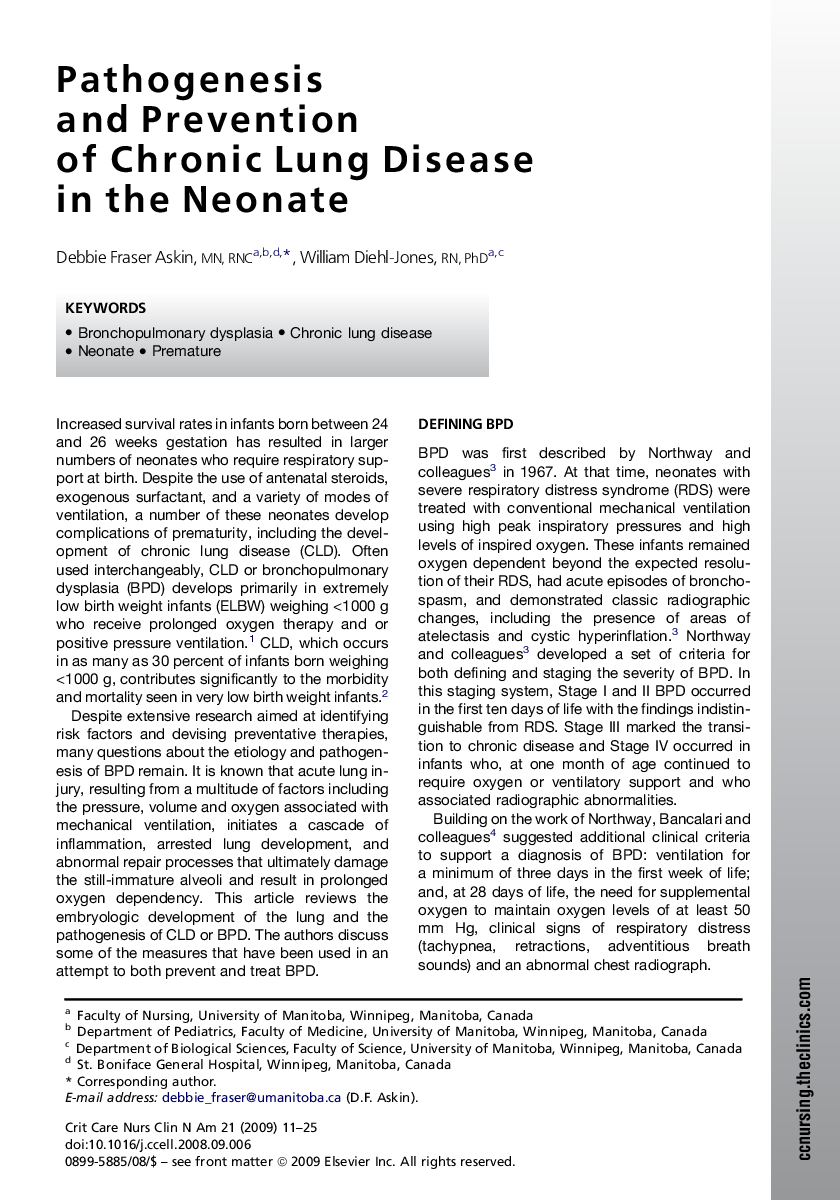 Pathogenesis and Prevention of Chronic Lung Disease in the Neonate