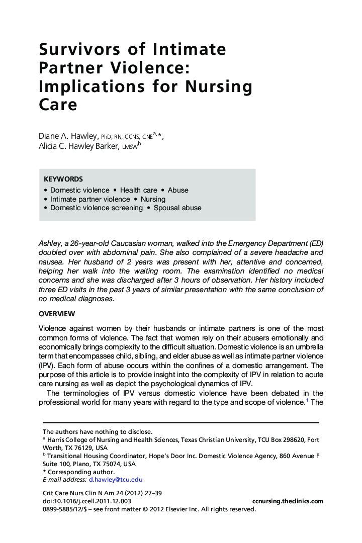 Survivors of Intimate Partner Violence: Implications for Nursing Care