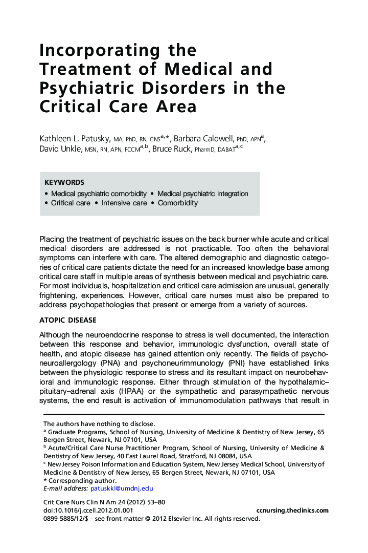 Incorporating the Treatment of Medical and Psychiatric Disorders in the Critical Care Area