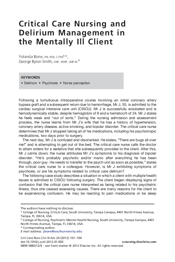 Critical Care Nursing and Delirium Management in the Mentally Ill Client