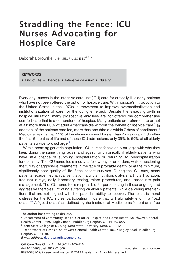 Straddling the Fence: ICU Nurses Advocating for Hospice Care