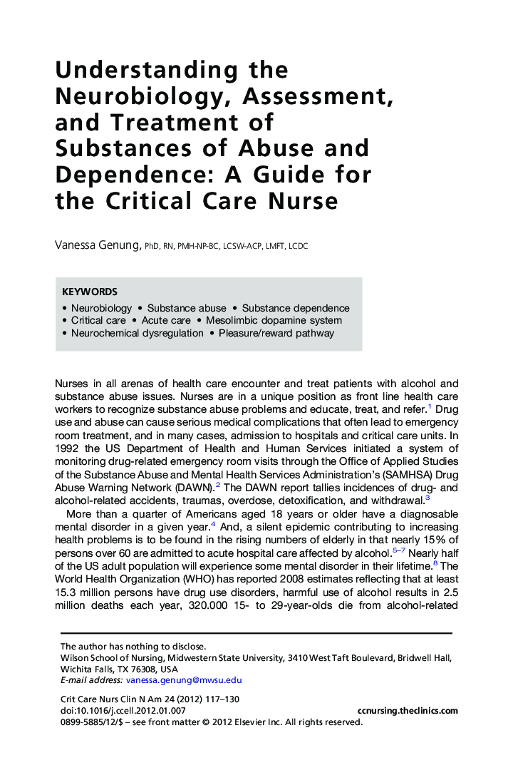 Understanding the Neurobiology, Assessment, and Treatment of Substances of Abuse and Dependence: A Guide for the Critical Care Nurse