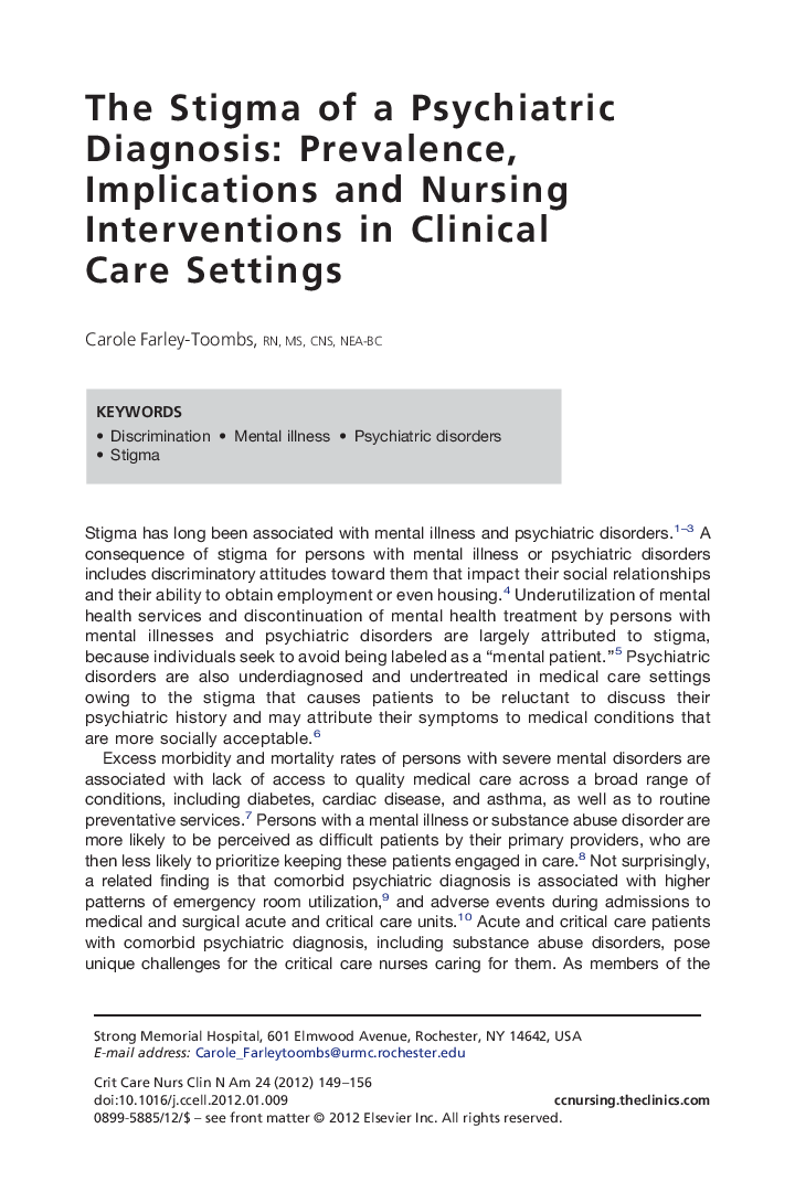 The Stigma of a Psychiatric Diagnosis: Prevalence, Implications and Nursing Interventions in Clinical Care Settings