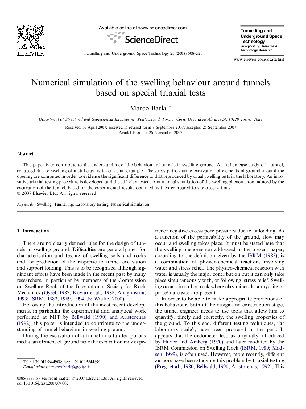 Numerical simulation of the swelling behaviour around tunnels based on special triaxial tests