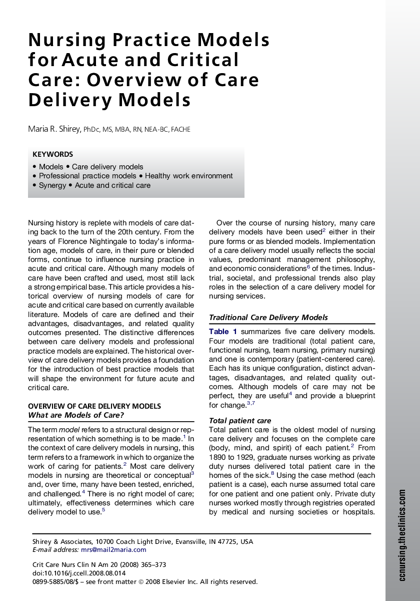 Nursing Practice Models for Acute and Critical Care: Overview of Care Delivery Models