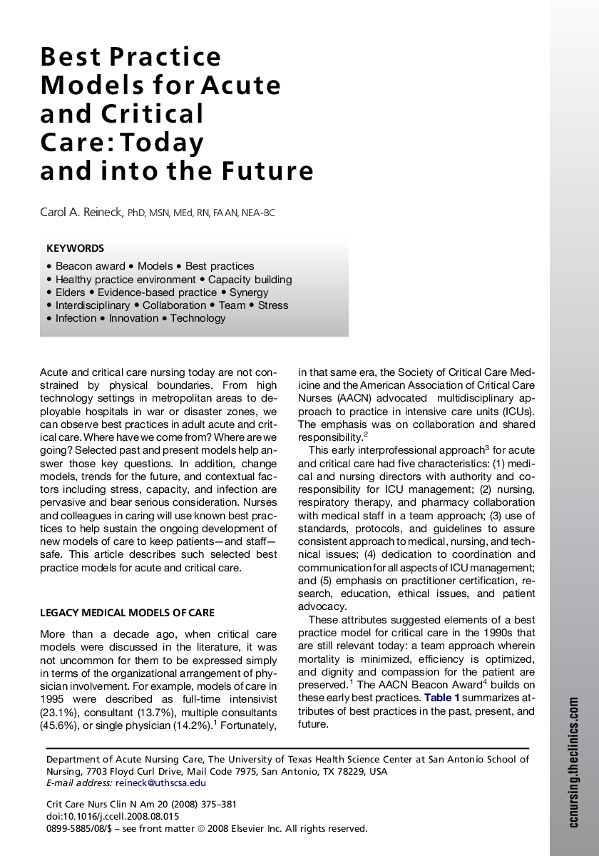 Best Practice Models for Acute and Critical Care: Today and into the Future