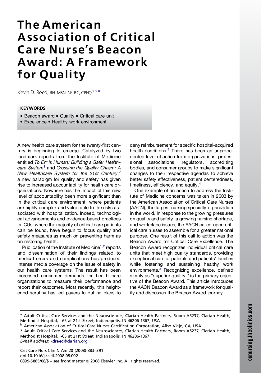 The American Association of Critical Care Nurse's Beacon Award: A Framework for Quality