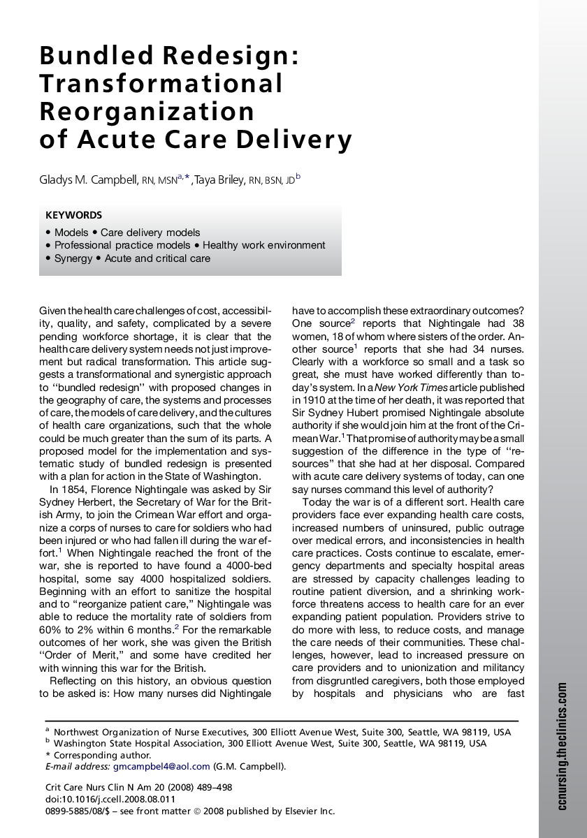 Bundled Redesign: Transformational Reorganization of Acute Care Delivery