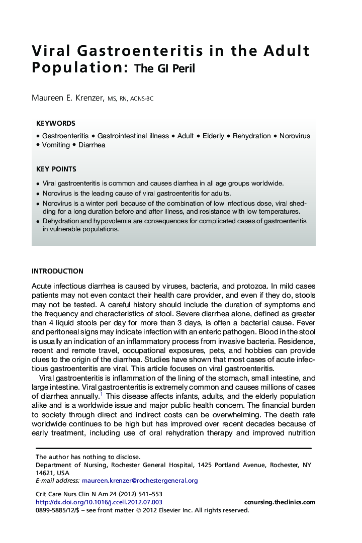 Viral Gastroenteritis in the Adult Population