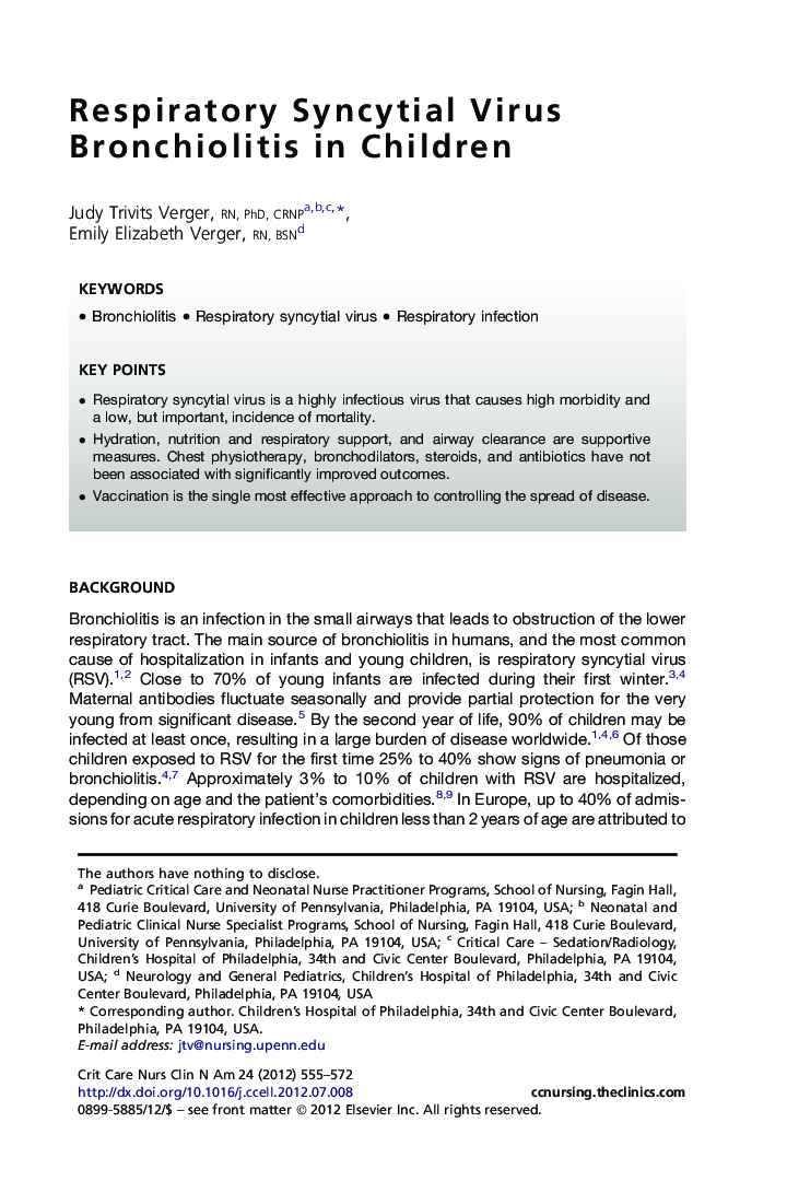 Respiratory Syncytial Virus Bronchiolitis in Children