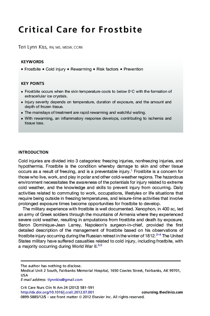 Critical Care for Frostbite