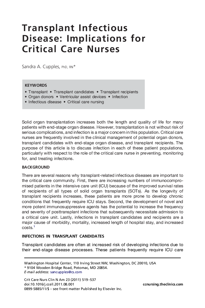 Transplant Infectious Disease: Implications for Critical Care Nurses