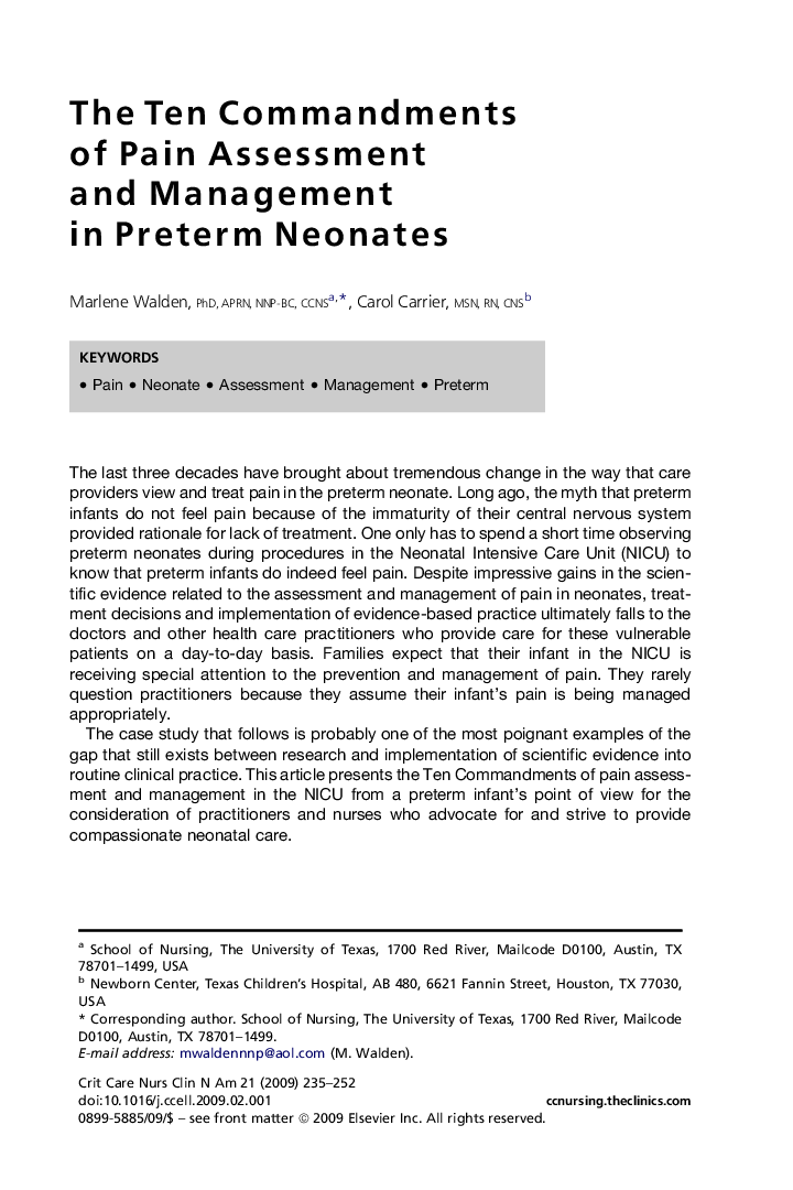 The Ten Commandments of Pain Assessment and Management in Preterm Neonates