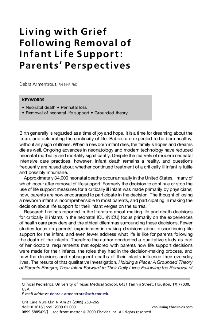 Living with Grief Following Removal of Infant Life Support: Parents' Perspectives