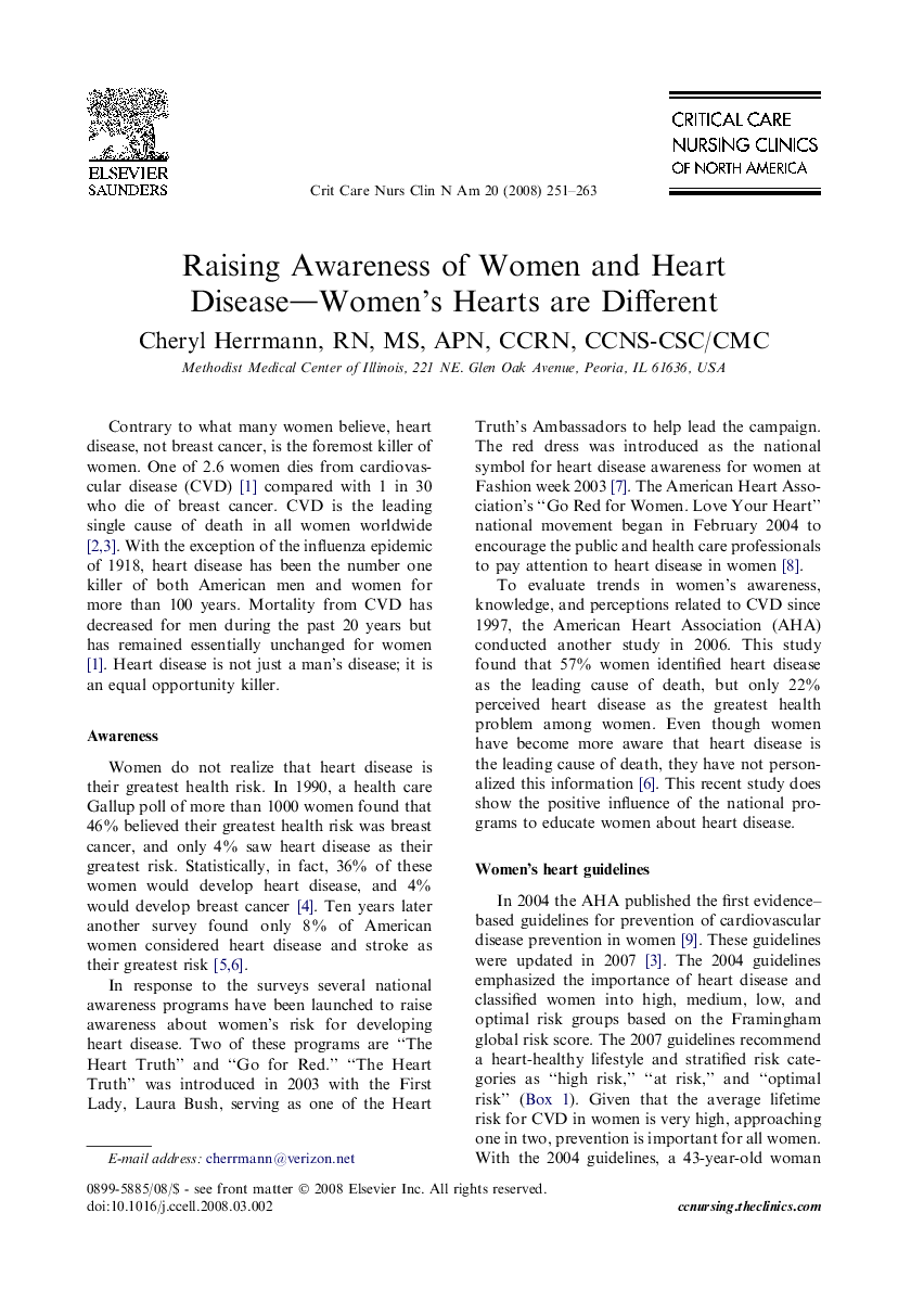 Raising Awareness of Women and Heart Disease—Women's Hearts are Different