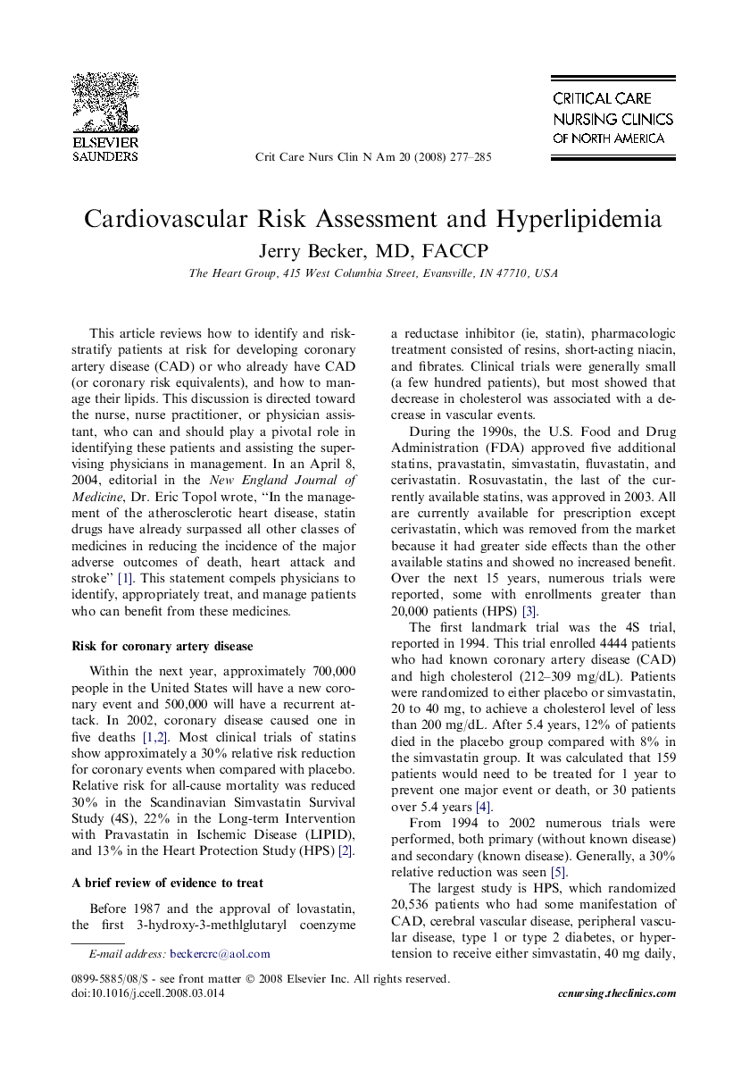 Cardiovascular Risk Assessment and Hyperlipidemia