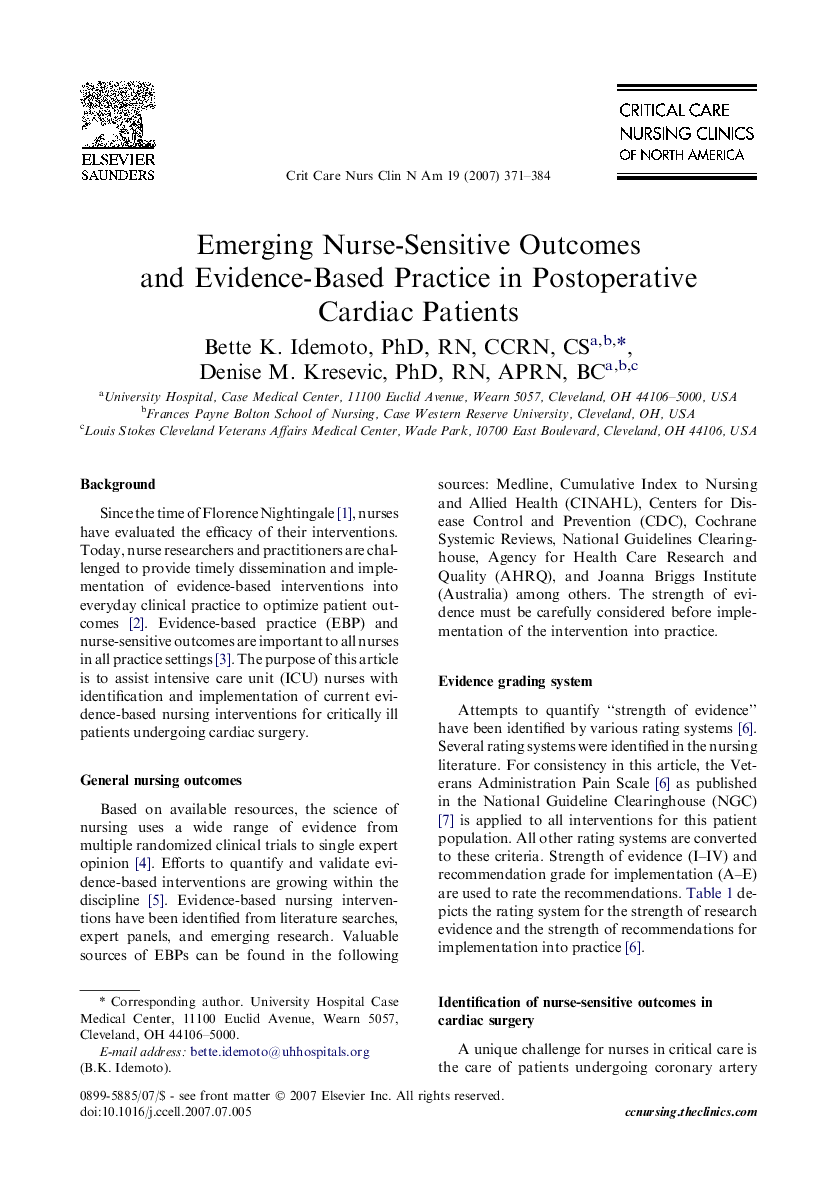 Emerging Nurse-Sensitive Outcomes and Evidence-Based Practice in Postoperative Cardiac Patients