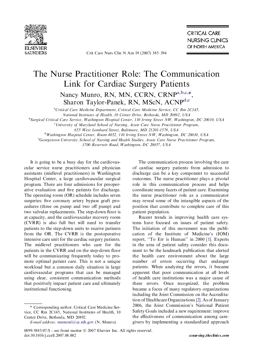 The Nurse Practitioner Role: The Communication Link for Cardiac Surgery Patients