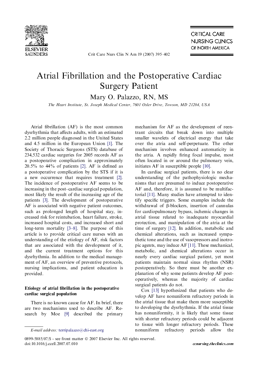 Atrial Fibrillation and the Postoperative Cardiac Surgery Patient