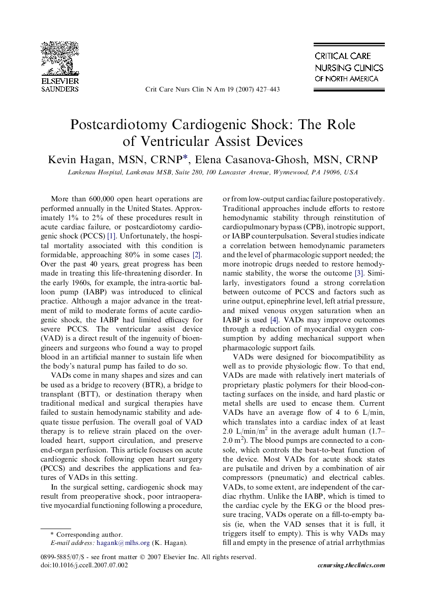 Postcardiotomy Cardiogenic Shock: The Role of Ventricular Assist Devices