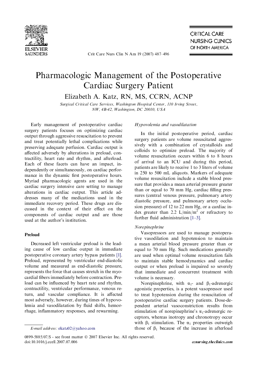 Pharmacologic Management of the Postoperative Cardiac Surgery Patient