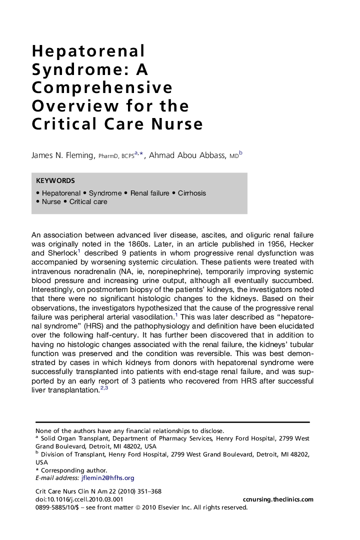 Hepatorenal Syndrome: A Comprehensive Overview for the Critical Care Nurse