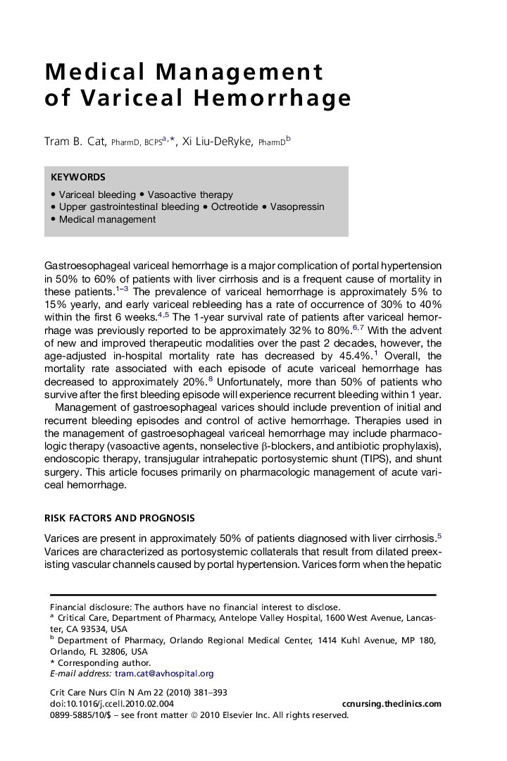 Medical Management of Variceal Hemorrhage