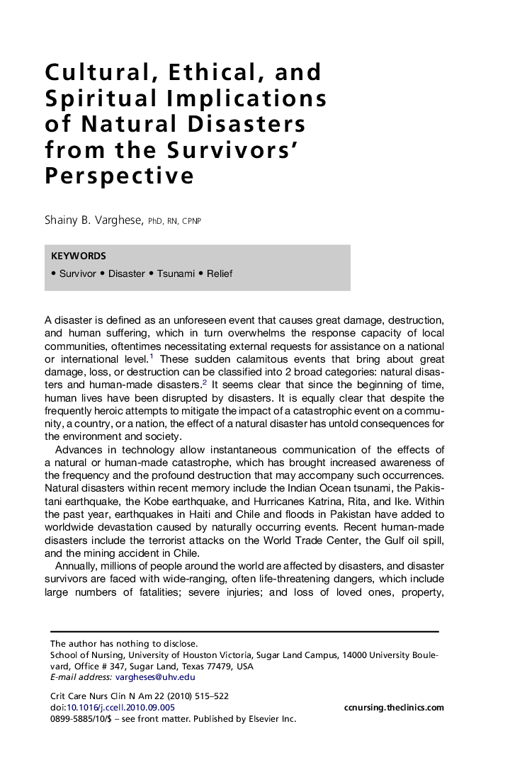 Cultural, Ethical, and Spiritual Implications of Natural Disasters from the Survivors' Perspective