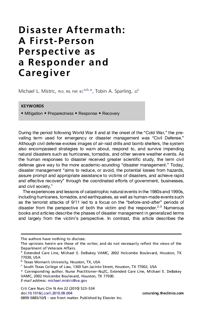 Disaster Aftermath: A First-Person Perspective as a Responder and Caregiver