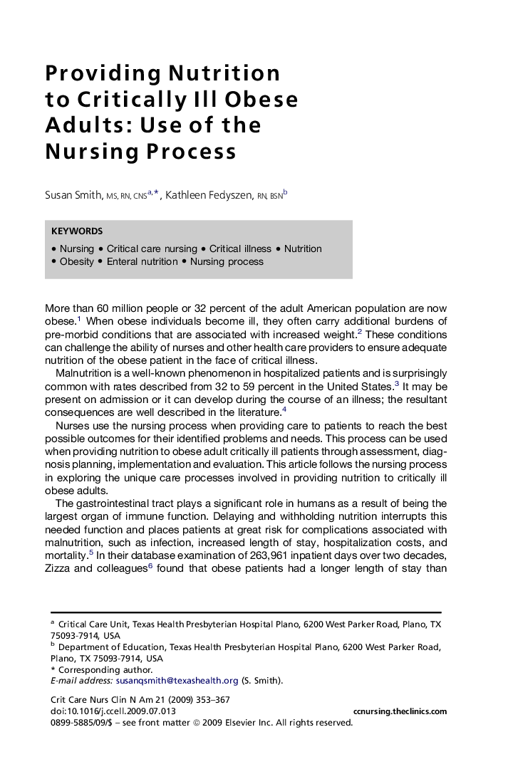 Providing Nutrition to Critically Ill Obese Adults: Use of the Nursing Process