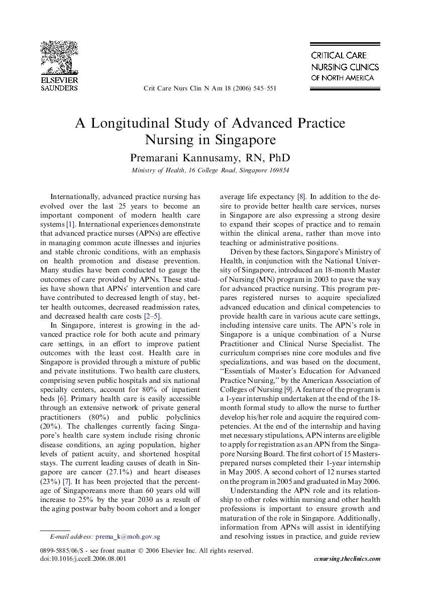 A Longitudinal Study of Advanced Practice Nursing in Singapore