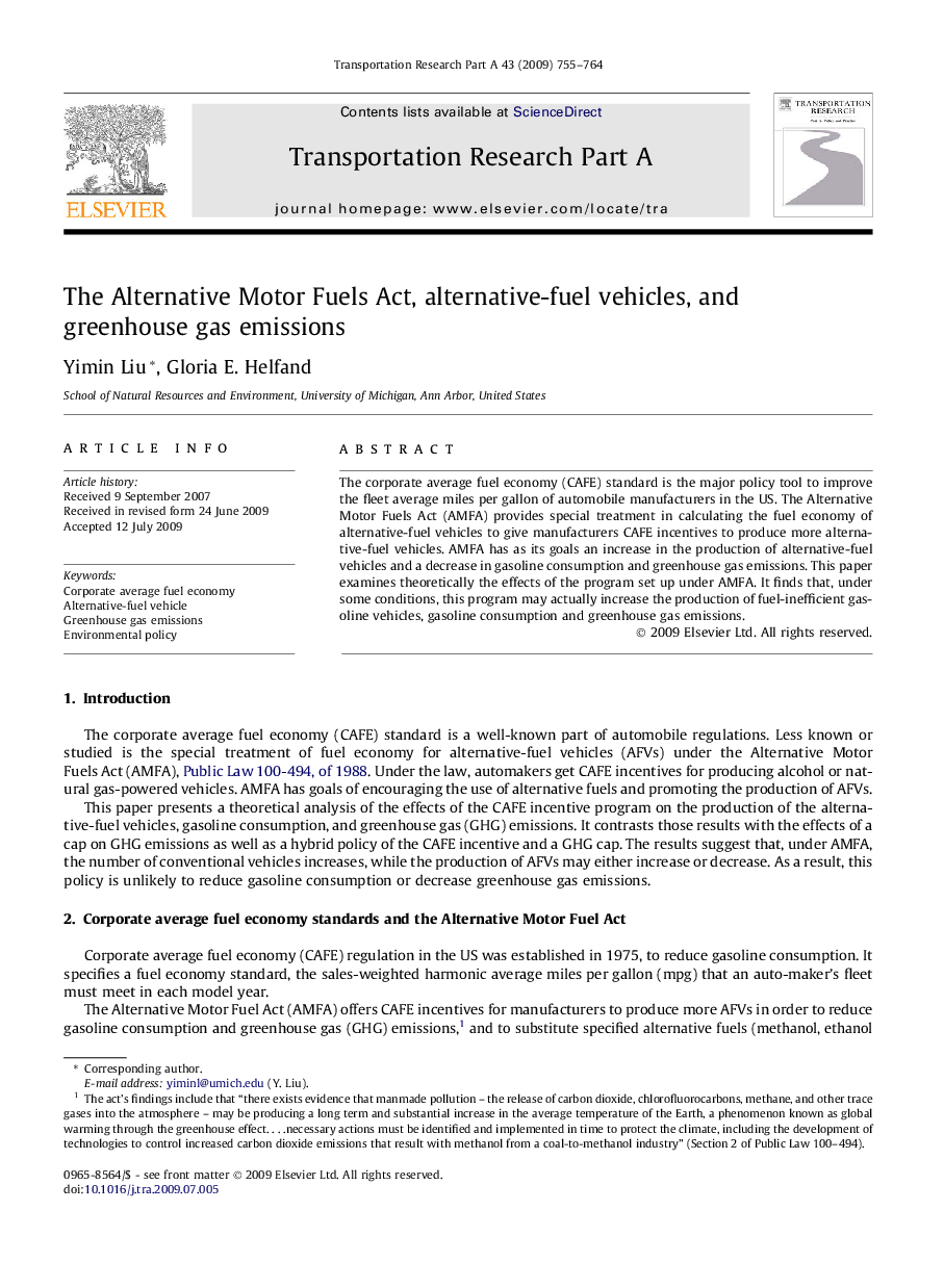 The Alternative Motor Fuels Act, alternative-fuel vehicles, and greenhouse gas emissions