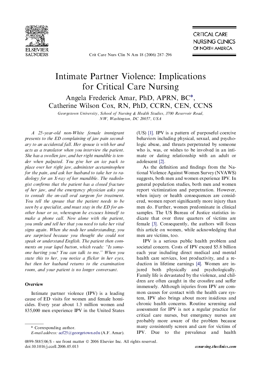 Intimate Partner Violence: Implications for Critical Care Nursing