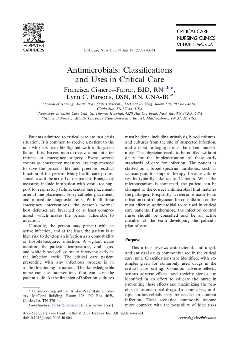 Antimicrobials: Classifications and Uses in Critical Care