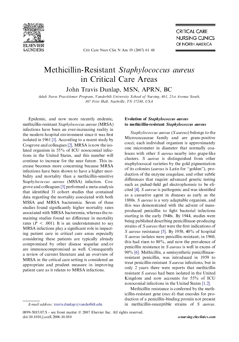 Methicillin-Resistant Staphylococcus aureus in Critical Care Areas