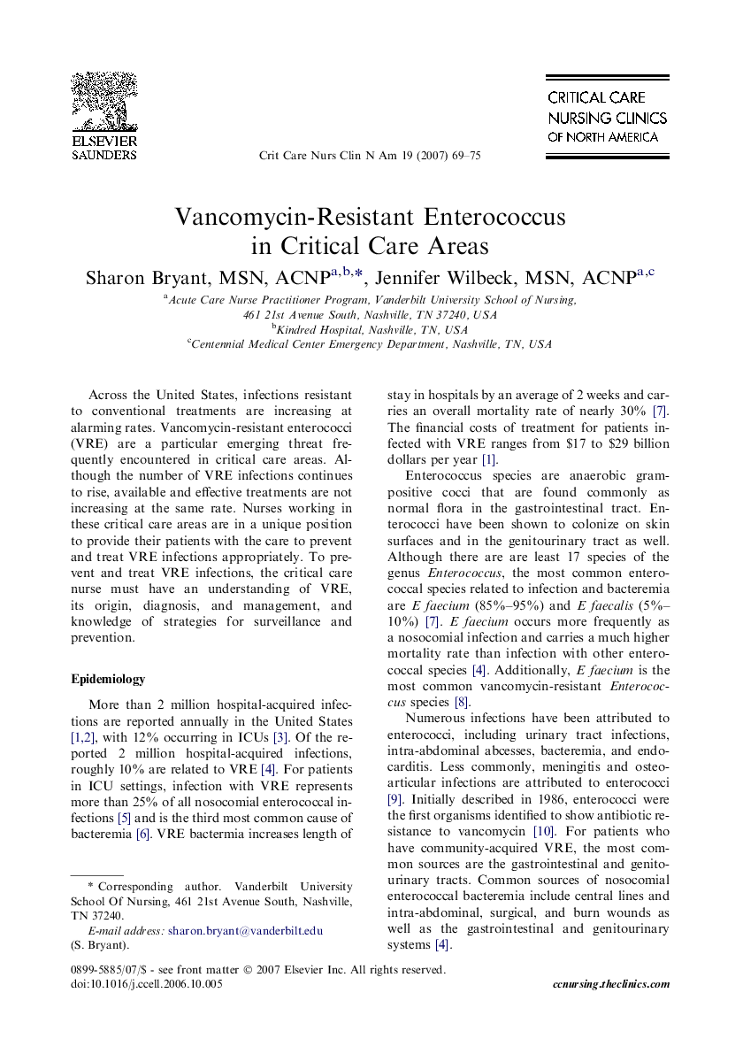 Vancomycin-Resistant Enterococcus in Critical Care Areas