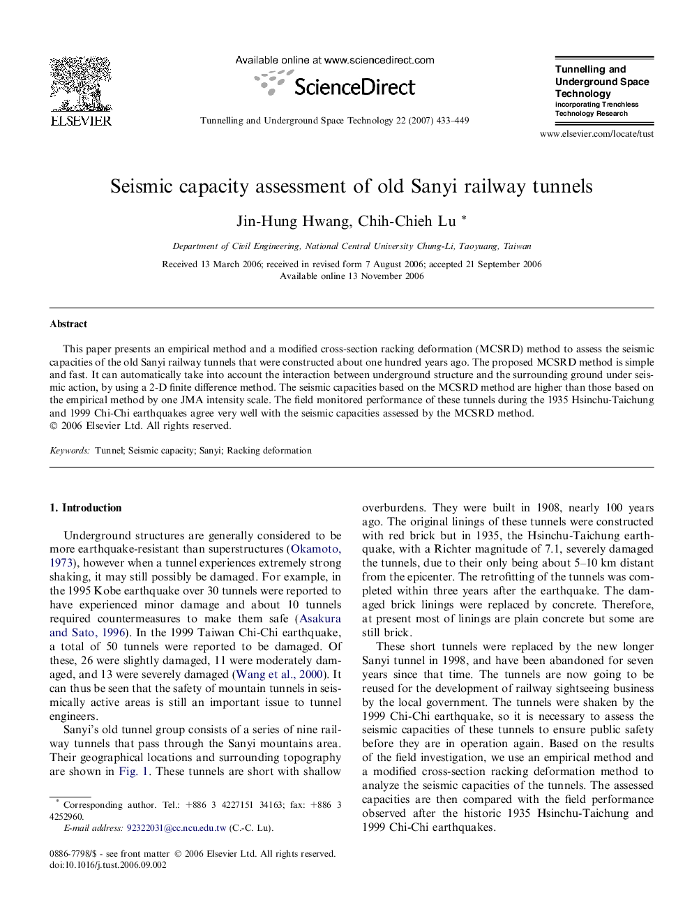 Seismic capacity assessment of old Sanyi railway tunnels