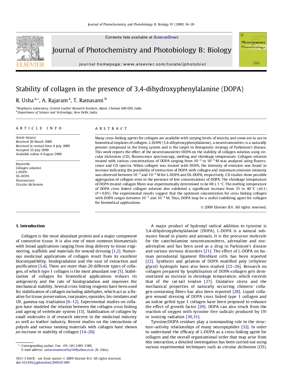 Stability of collagen in the presence of 3,4-dihydroxyphenylalanine (DOPA)