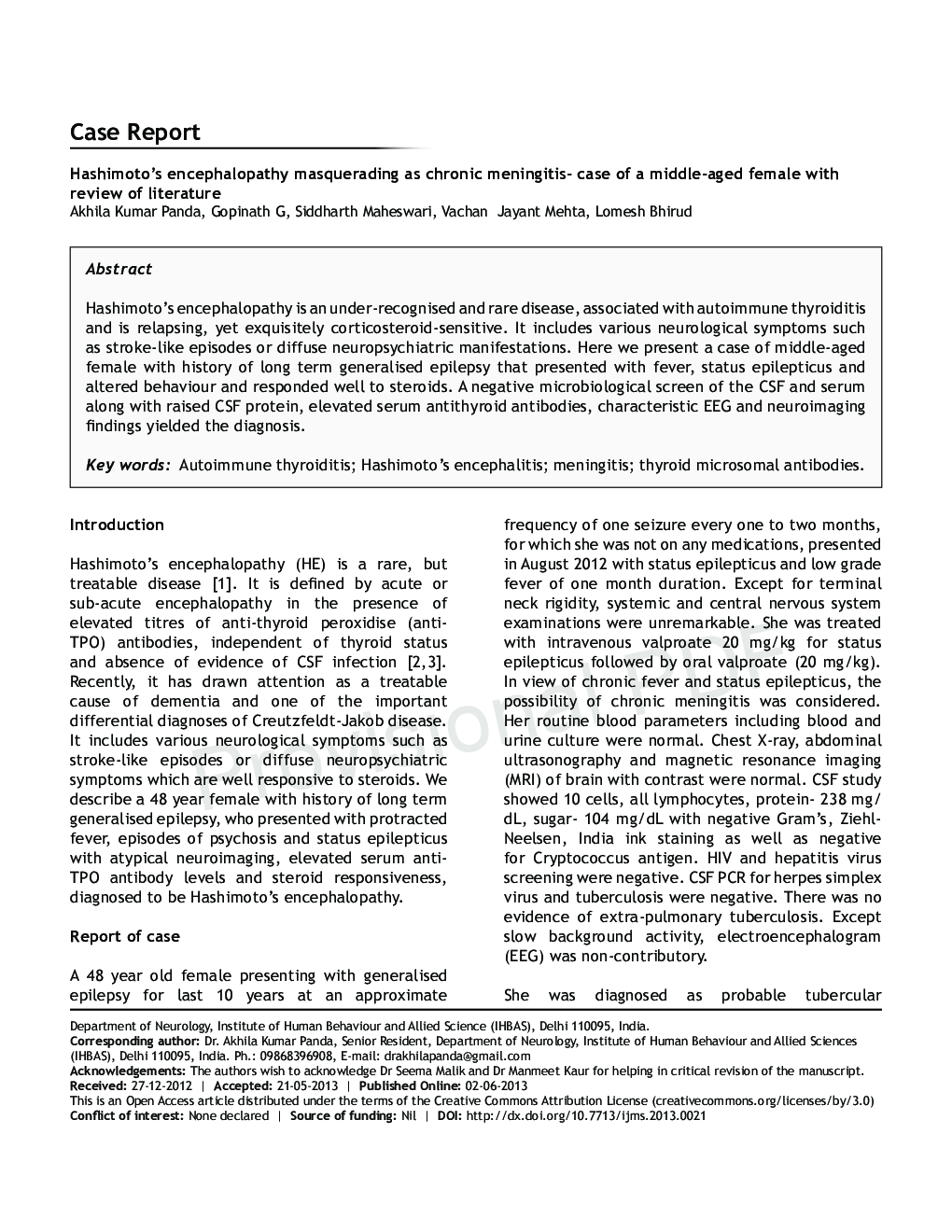 Hashimoto's encephalopathy masquerading as chronic meningitis- case of a middle-aged female with review of literature