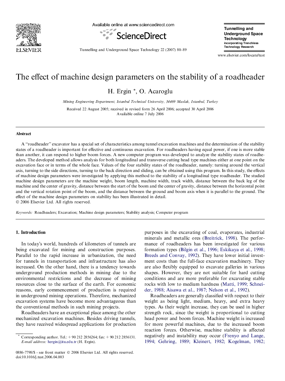 The effect of machine design parameters on the stability of a roadheader