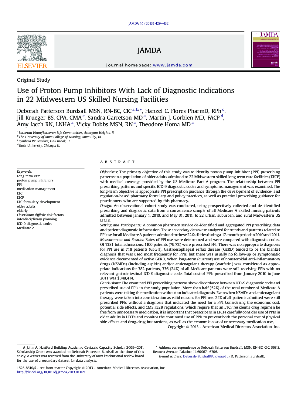 Use of Proton Pump Inhibitors With Lack of Diagnostic Indications in 22 Midwestern US Skilled Nursing Facilities