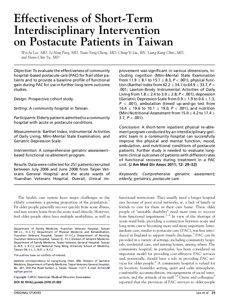 Effectiveness of Short-Term Interdisciplinary Intervention onÂ Postacute Patients in Taiwan