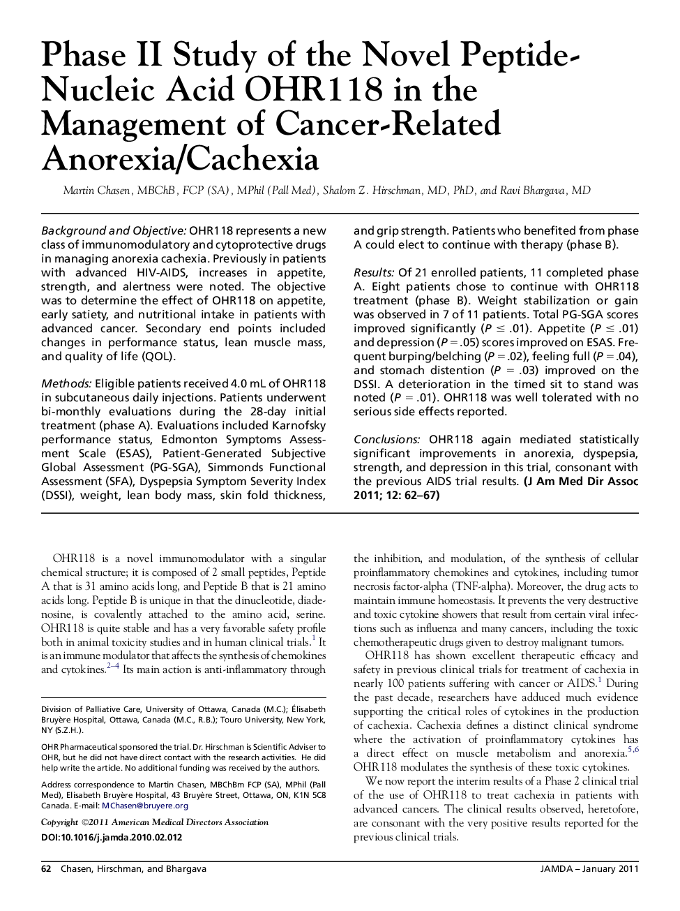 Phase II Study of the Novel Peptide-Nucleic Acid OHR118 in the Management of Cancer-Related Anorexia/Cachexia