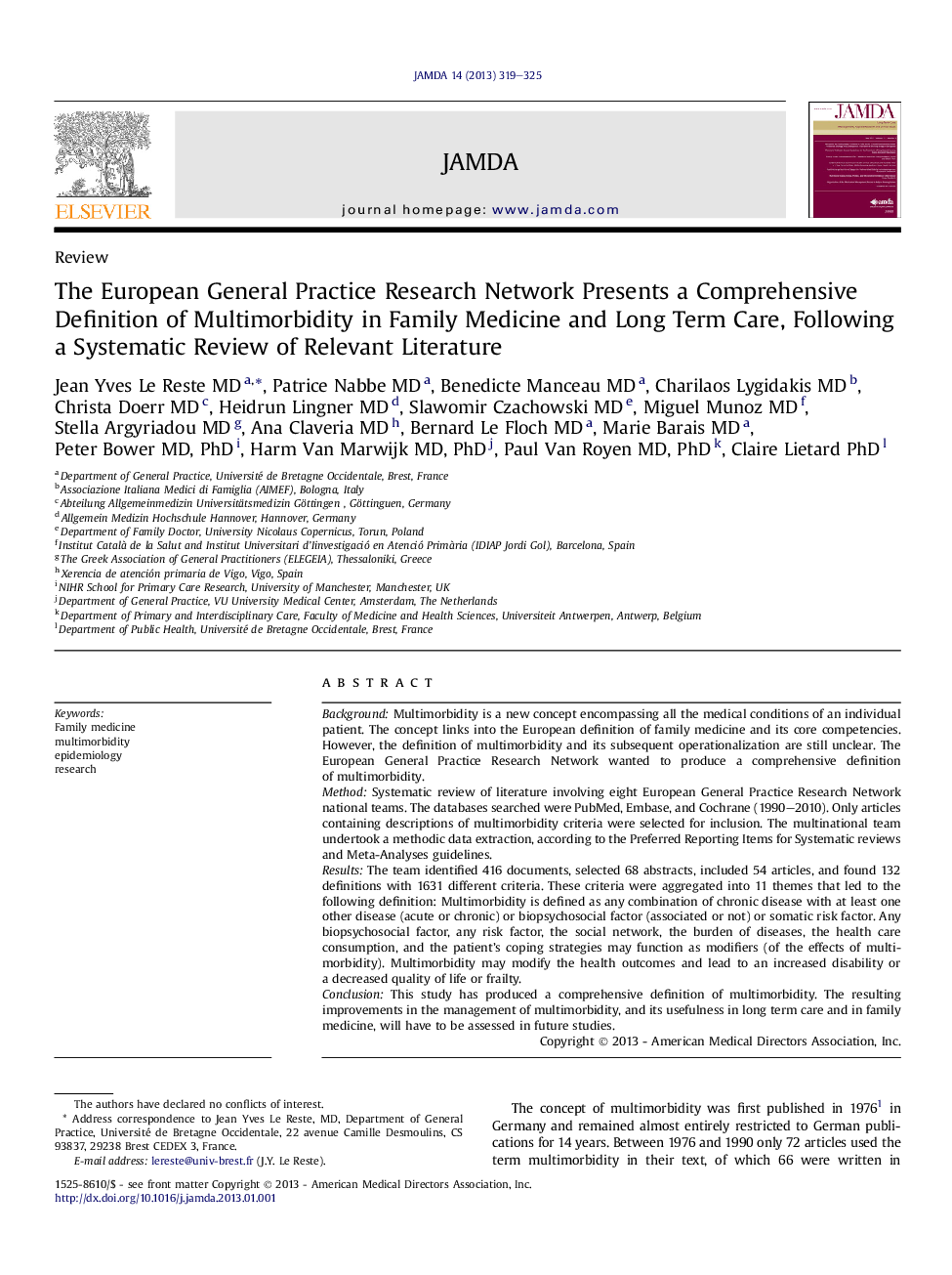 The European General Practice Research Network Presents a Comprehensive Definition of Multimorbidity in Family Medicine and Long Term Care, Following a Systematic Review of Relevant Literature