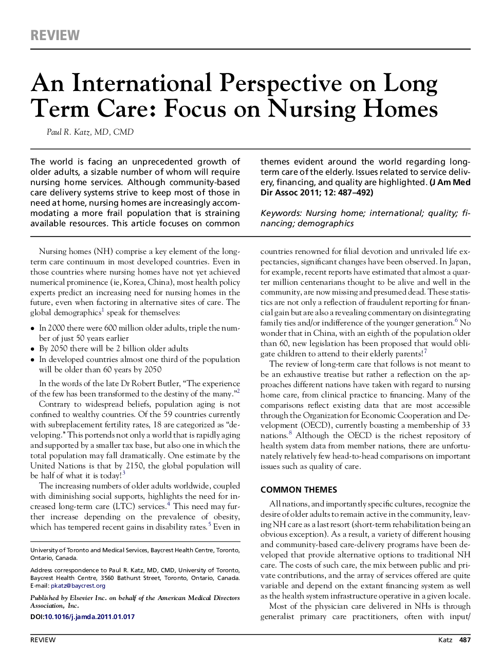 An International Perspective on Long Term Care: Focus on Nursing Homes