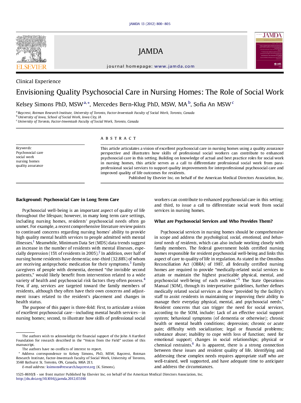 Envisioning Quality Psychosocial Care in Nursing Homes: The Role of Social Work